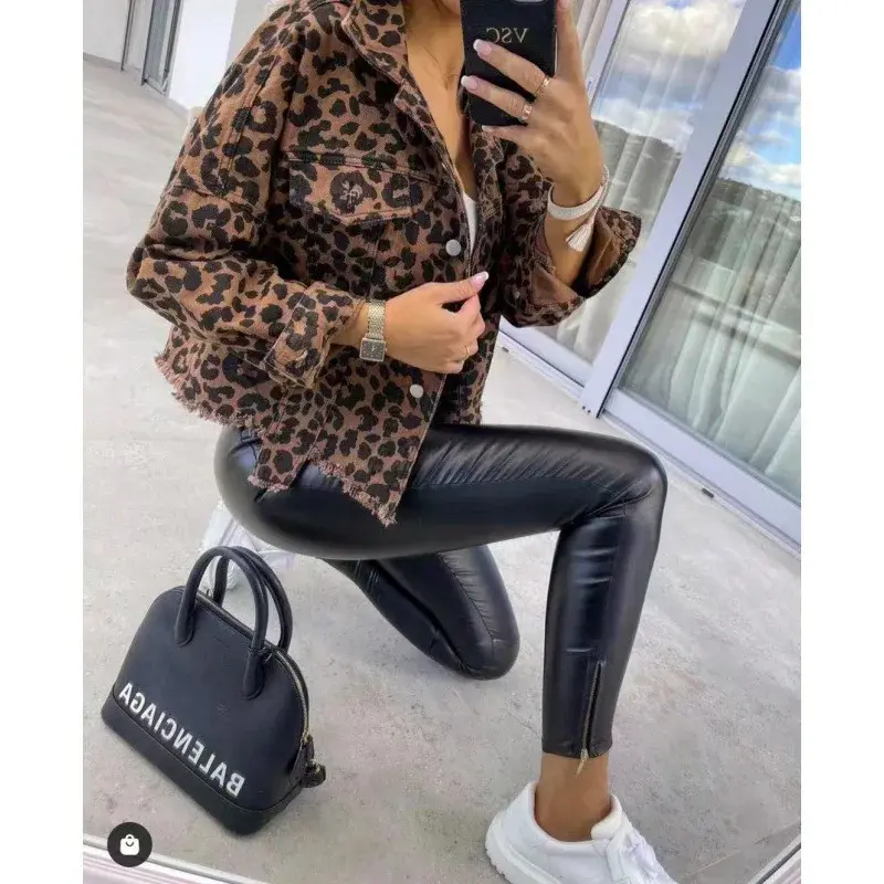 Washed Vintage Leopard Print Distressed Denim Jacket Women's Cross-Border Fashion Outerwear Loose Fit Casual Style