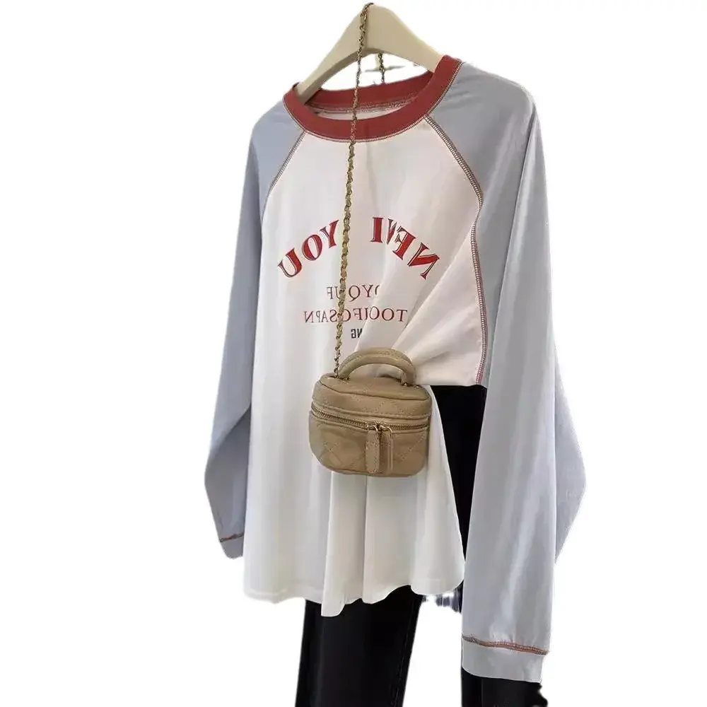 American Color Block Shoulder Sleeve Long Sleeve Crew Neck T-Shirt Women Spring Autumn New Pure Cotton Thin Base Shirt Top