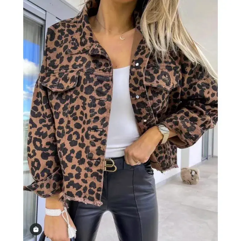 Washed Vintage Leopard Print Distressed Denim Jacket Women's Cross-Border Fashion Outerwear Loose Fit Casual Style