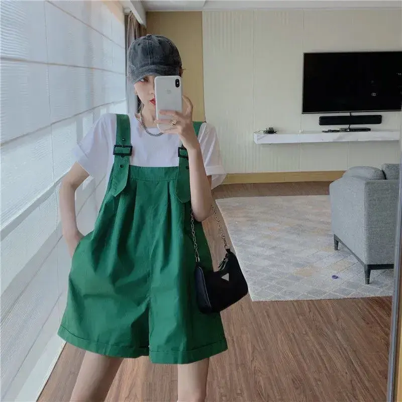 Loose High Waist Cotton Workwear Shorts Women's Small Size Summer Style Green Large Size Overalls Five-Quarter Pants