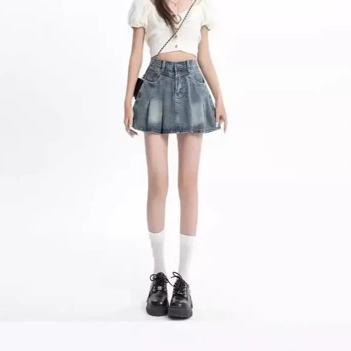 Vintage Denim Mini Dress High-Waisted Slimming A- Line Skirt Plus Size Plus Size Women's Summer New Style Pear-Shaped Body