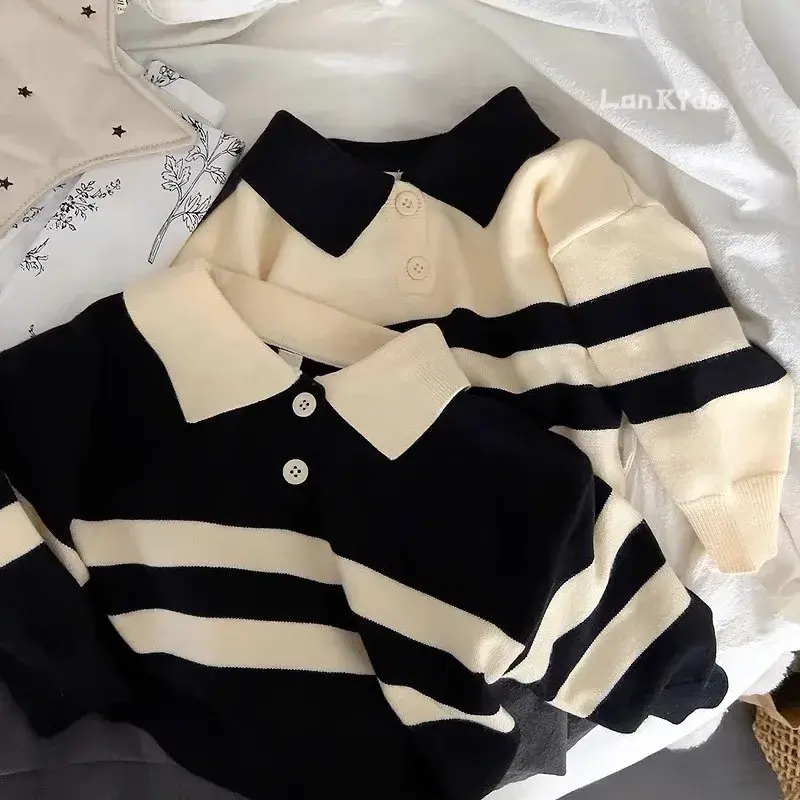 2023 New Korean Style Spring Autumn Children's Sweater Boys Girls Two-piece Button Striped Lapel Knitted Top Casual Fit Stylish