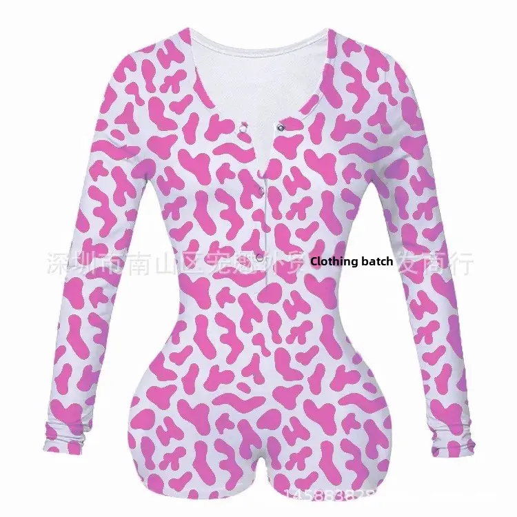 Sexy Floral Print One-Piece Suit Sleepwear for Women Cross-Border Elastic Band T-Shirt Full Sleeve Non-Estitched Decorations