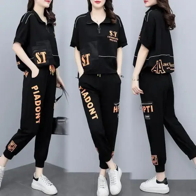 Fashionable Sporty Casual Women's Set Summer New Loose Slimming plus Size Short Sleeve Two Piece Suit Polyester Fiber