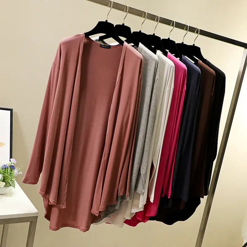 Women's Modal Open Cardigan Long Sleeve Thin Outerwear V-Neck Solid Color plus Size Loose Fit Spring Summer New Style