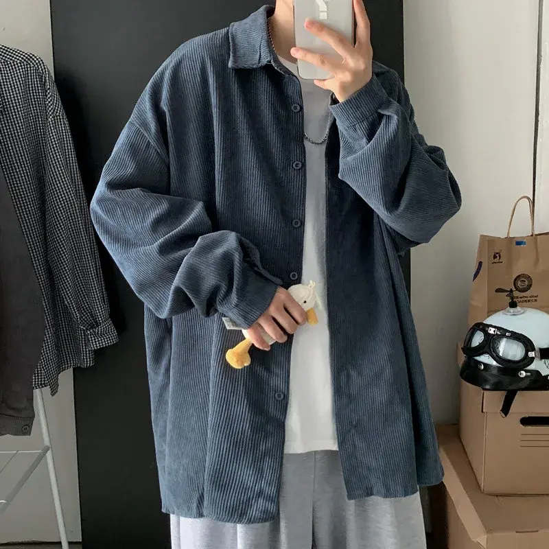 Trendy Grey Long Sleeve Corduroy Jacket For Men Casual Loose-fit Vintage Shirt Korean Style Fashion Clothing