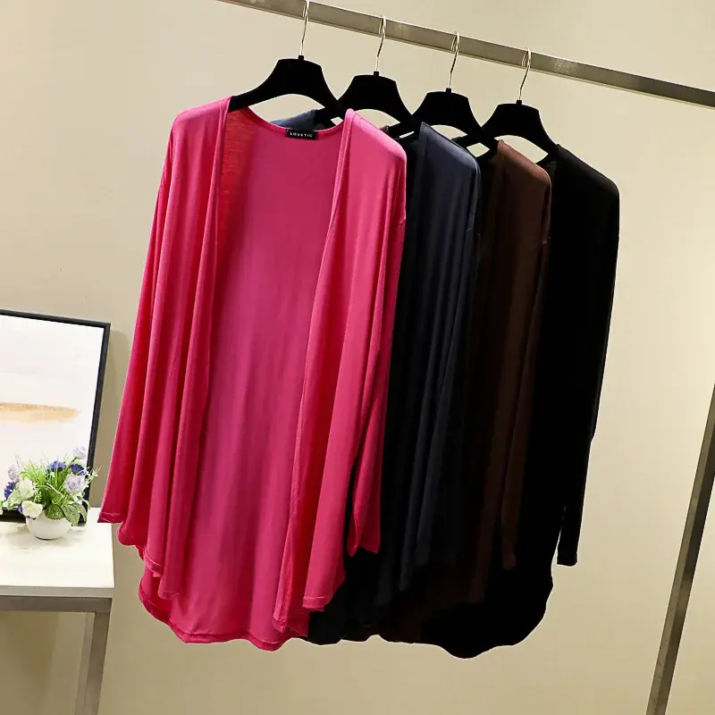 Women's Modal Open Cardigan Long Sleeve Thin Outerwear V-Neck Solid Color plus Size Loose Fit Spring Summer New Style