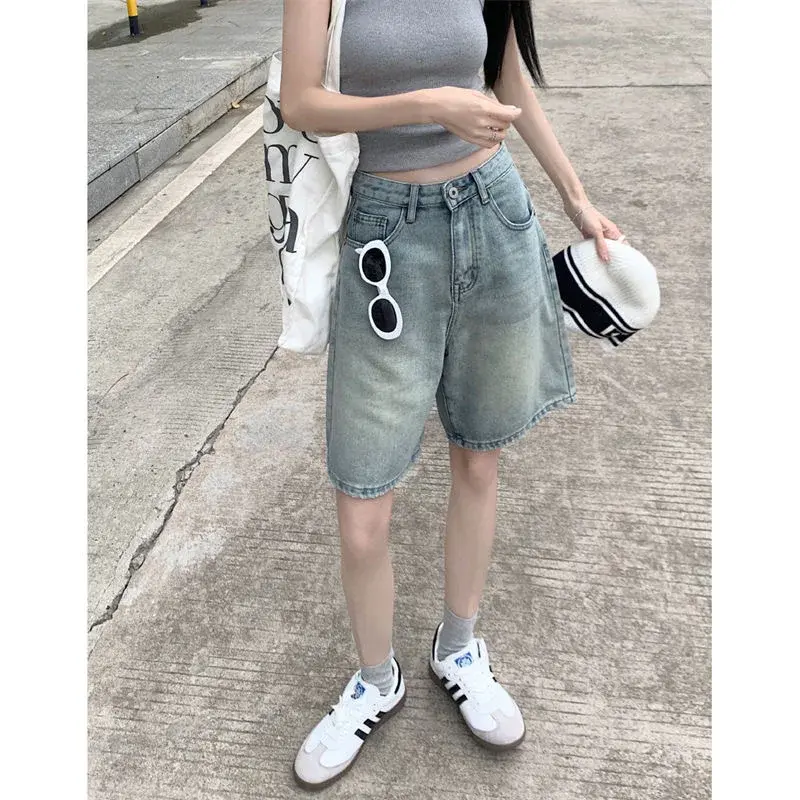 Trendy Sweet Cool Summer New High-Waisted Slimming Design Denim Shorts Women's Student Loose-Fit Straight-Leg Mid-Length Trouser