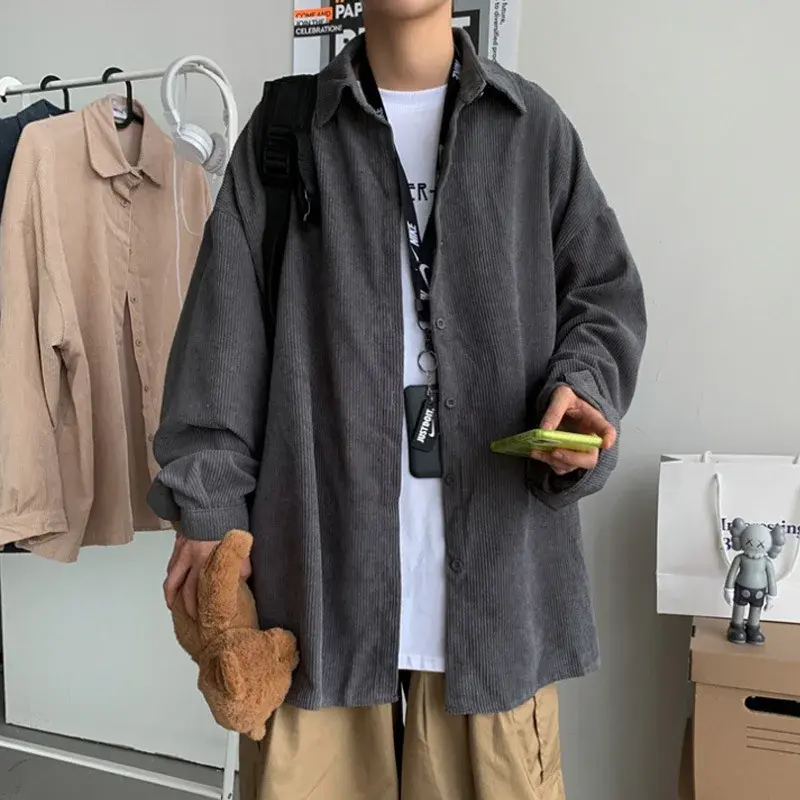 Trendy Grey Long Sleeve Corduroy Jacket For Men Casual Loose-fit Vintage Shirt Korean Style Fashion Clothing