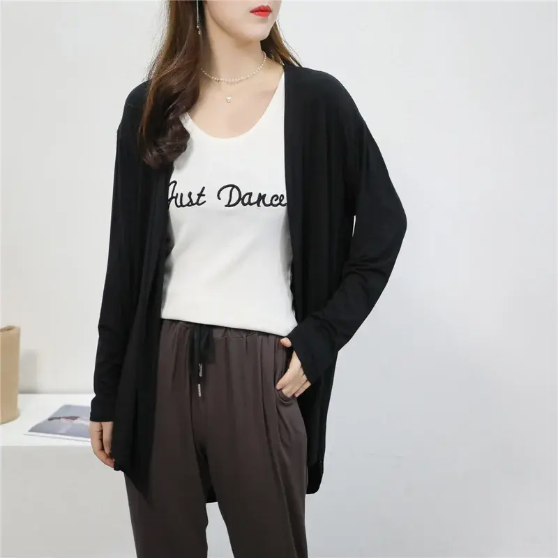 Women's Modal Open Cardigan Long Sleeve Thin Outerwear V-Neck Solid Color plus Size Loose Fit Spring Summer New Style