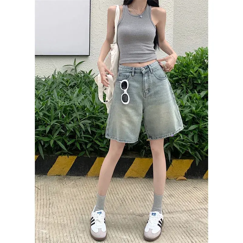 Trendy Sweet Cool Summer New High-Waisted Slimming Design Denim Shorts Women's Student Loose-Fit Straight-Leg Mid-Length Trouser