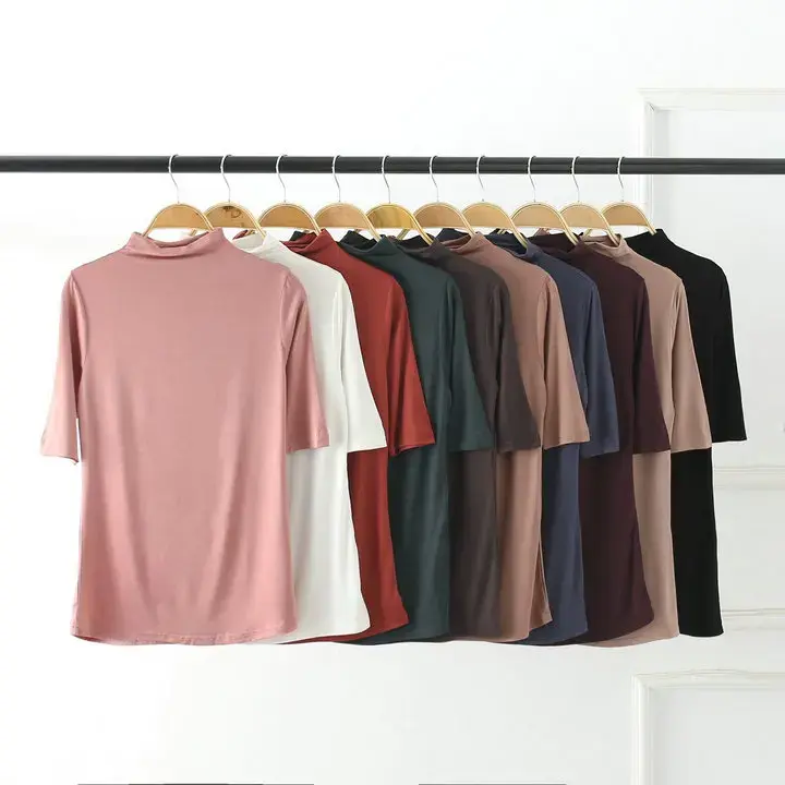 Summer New Half Sleeve Polo/Turtle Neck Loose-Fit Slimming Modal Cotton T-Shirt Plus Size Solid Color Medium Sleeve Base Layer T
