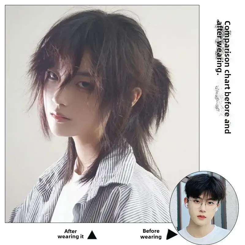 Stylish Anime Wolf Tail Wig For Men Korean Version Natural Puffy Short Hair Full Head Cover Wig Trendy Net Red Hair Extension