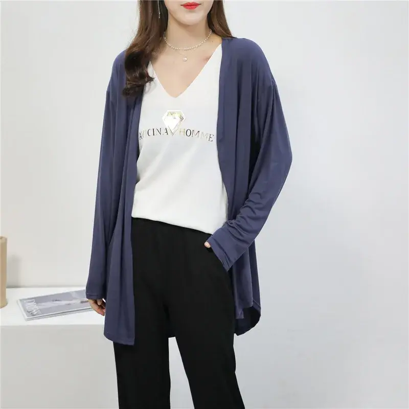 Women's Modal Open Cardigan Long Sleeve Thin Outerwear V-Neck Solid Color plus Size Loose Fit Spring Summer New Style