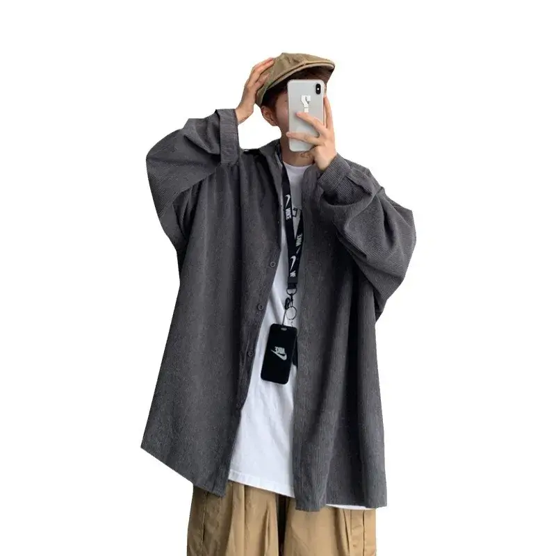 Trendy Grey Long Sleeve Corduroy Jacket For Men Casual Loose-fit Vintage Shirt Korean Style Fashion Clothing
