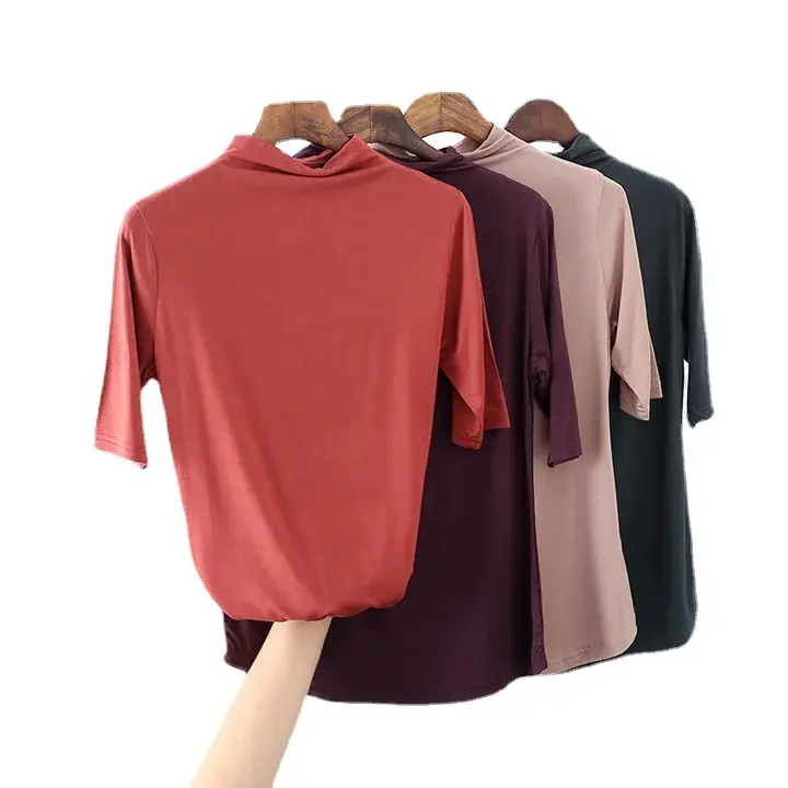 Summer New Half Sleeve Polo/Turtle Neck Loose-Fit Slimming Modal Cotton T-Shirt Plus Size Solid Color Medium Sleeve Base Layer T