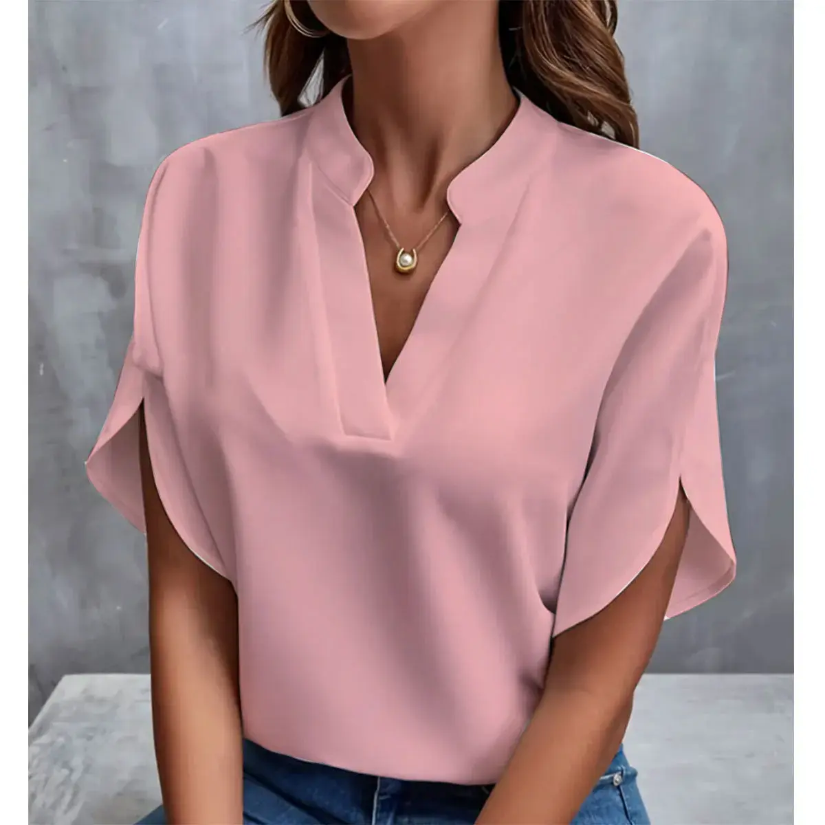 Summer 2025 Women's V-neck Casual Loose Short-sleeve Overhead Shirt Pure Color Versatile Comfortable Polyester Fiber T-shirt