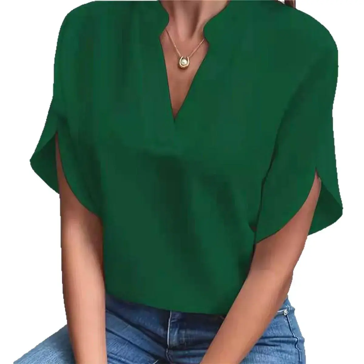 Summer 2025 Women's V-neck Casual Loose Short-sleeve Overhead Shirt Pure Color Versatile Comfortable Polyester Fiber T-shirt