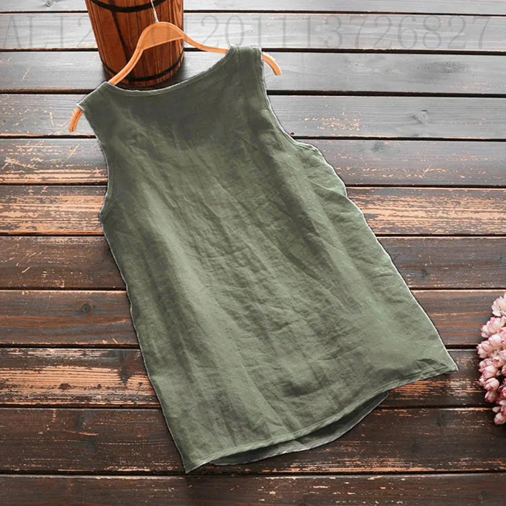 Large Size Cotton Linen Buttonless Sleeveless Pure Color Vest Top Women's Fashion Cross-Border Clothing Comfortable Breathable