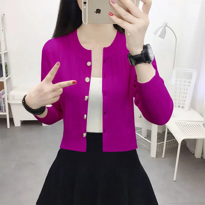 Spring Autumn Knitted Cardigan Sweater Jacket Cropped Thin Style Slimming Solid Color Round Neck Long Sleeve Women's Outerwear