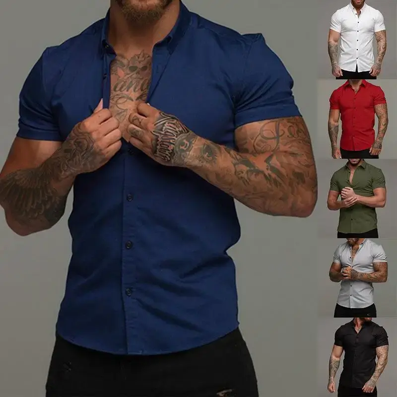 Muscle Men Fitness Short Sleeve Shirt Casual Elastic Thin Solid Color Sports Cardigan Business Non-iron Trendy Shirt