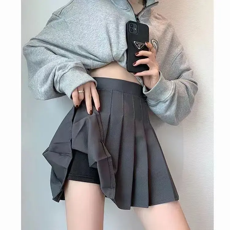 Summer Women's A- Line Midi JK Skirt Pleated Pure Color School Uniform Style Black Half-length Skirt Easy to Match Big Size