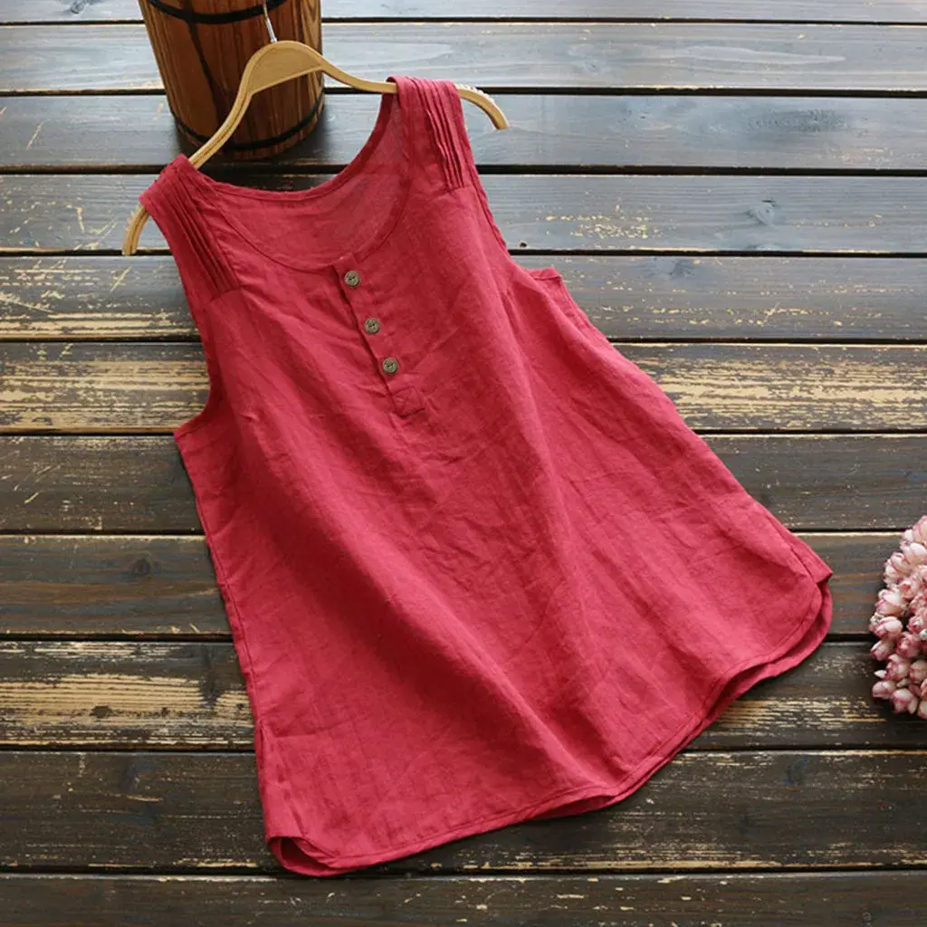 Large Size Cotton Linen Buttonless Sleeveless Pure Color Vest Top Women's Fashion Cross-Border Clothing Comfortable Breathable
