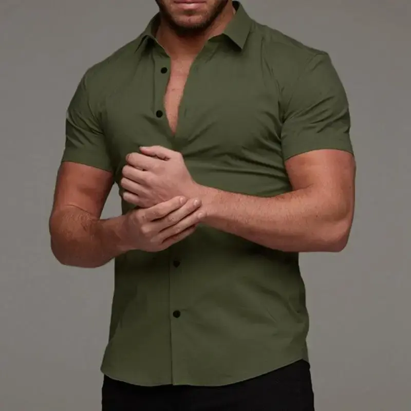 Muscle Men Fitness Short Sleeve Shirt Casual Elastic Thin Solid Color Sports Cardigan Business Non-iron Trendy Shirt