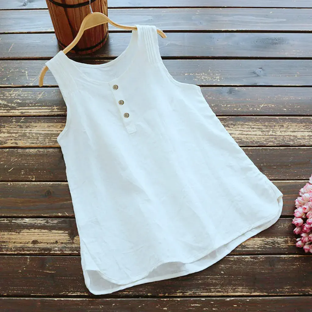 Large Size Cotton Linen Buttonless Sleeveless Pure Color Vest Top Women's Fashion Cross-Border Clothing Comfortable Breathable