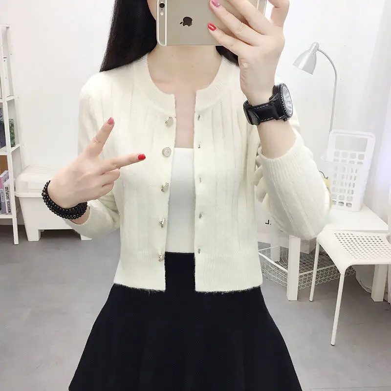 Spring Autumn Knitted Cardigan Sweater Jacket Cropped Thin Style Slimming Solid Color Round Neck Long Sleeve Women's Outerwear