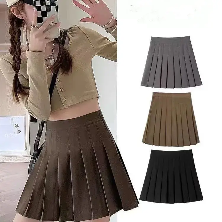 Summer Women's A- Line Midi JK Skirt Pleated Pure Color School Uniform Style Black Half-length Skirt Easy to Match Big Size