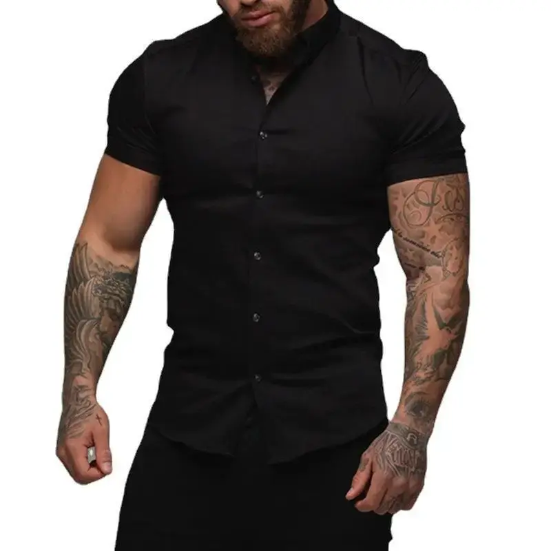 Muscle Men Fitness Short Sleeve Shirt Casual Elastic Thin Solid Color Sports Cardigan Business Non-iron Trendy Shirt