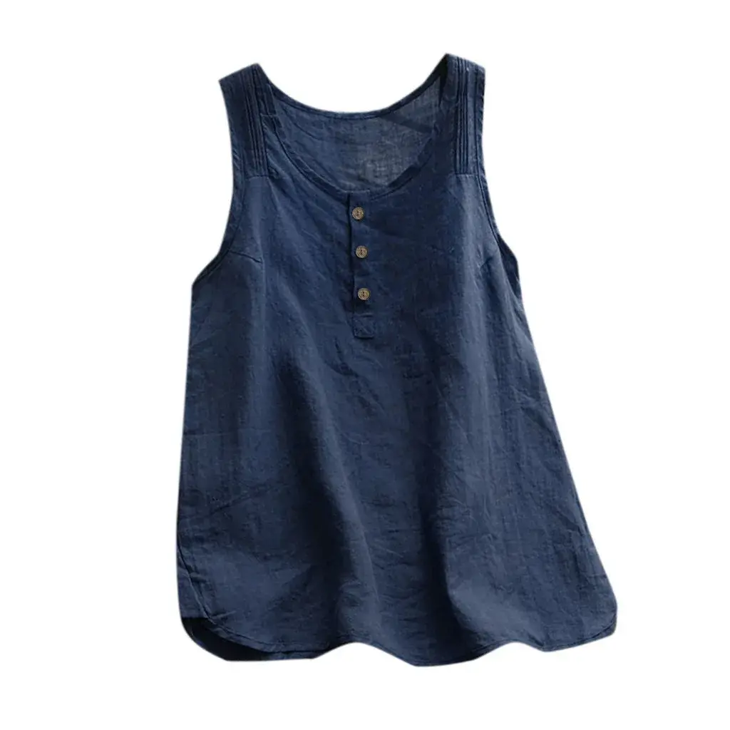 Large Size Cotton Linen Buttonless Sleeveless Pure Color Vest Top Women's Fashion Cross-Border Clothing Comfortable Breathable