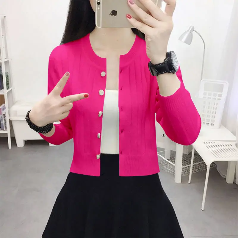 Spring Autumn Knitted Cardigan Sweater Jacket Cropped Thin Style Slimming Solid Color Round Neck Long Sleeve Women's Outerwear