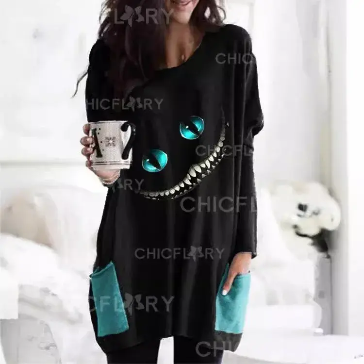 Loose Long Crew Neck Sweatshirt Women's T-shirt round Neck Pullover Wide Bottom Pocket Style Casual Top for Autumn Winter
