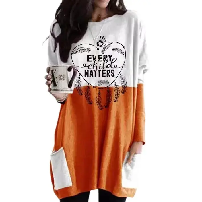 Loose Long Crew Neck Sweatshirt Women's T-shirt round Neck Pullover Wide Bottom Pocket Style Casual Top for Autumn Winter