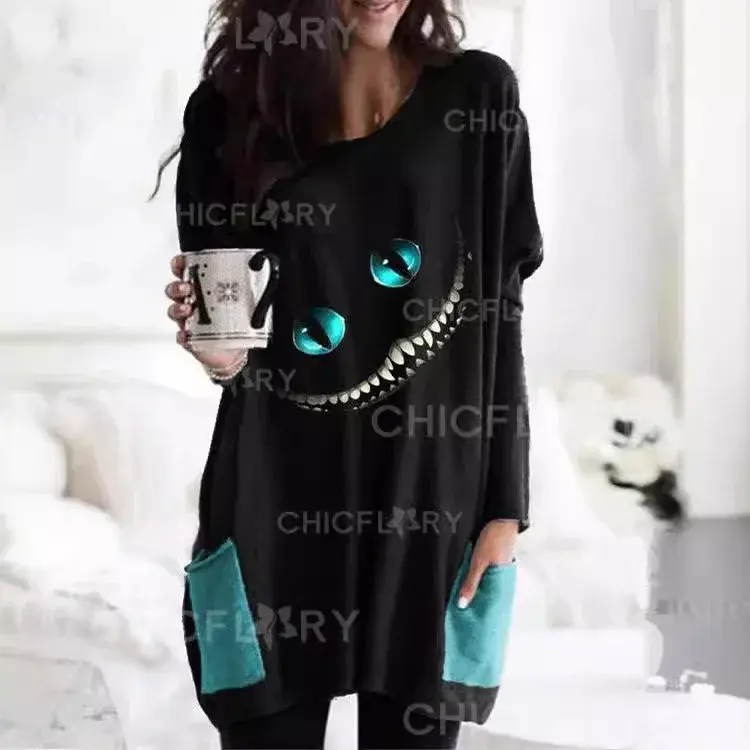 Loose Long Crew Neck Sweatshirt Women's T-shirt round Neck Pullover Wide Bottom Pocket Style Casual Top for Autumn Winter