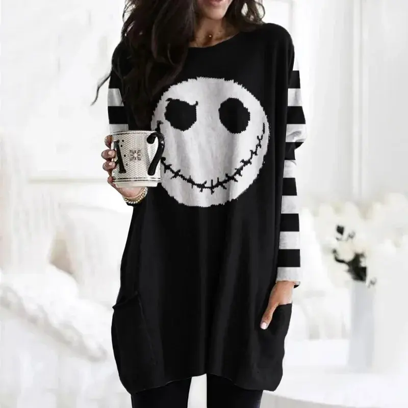 Loose Long Crew Neck Sweatshirt Women's T-shirt round Neck Pullover Wide Bottom Pocket Style Casual Top for Autumn Winter