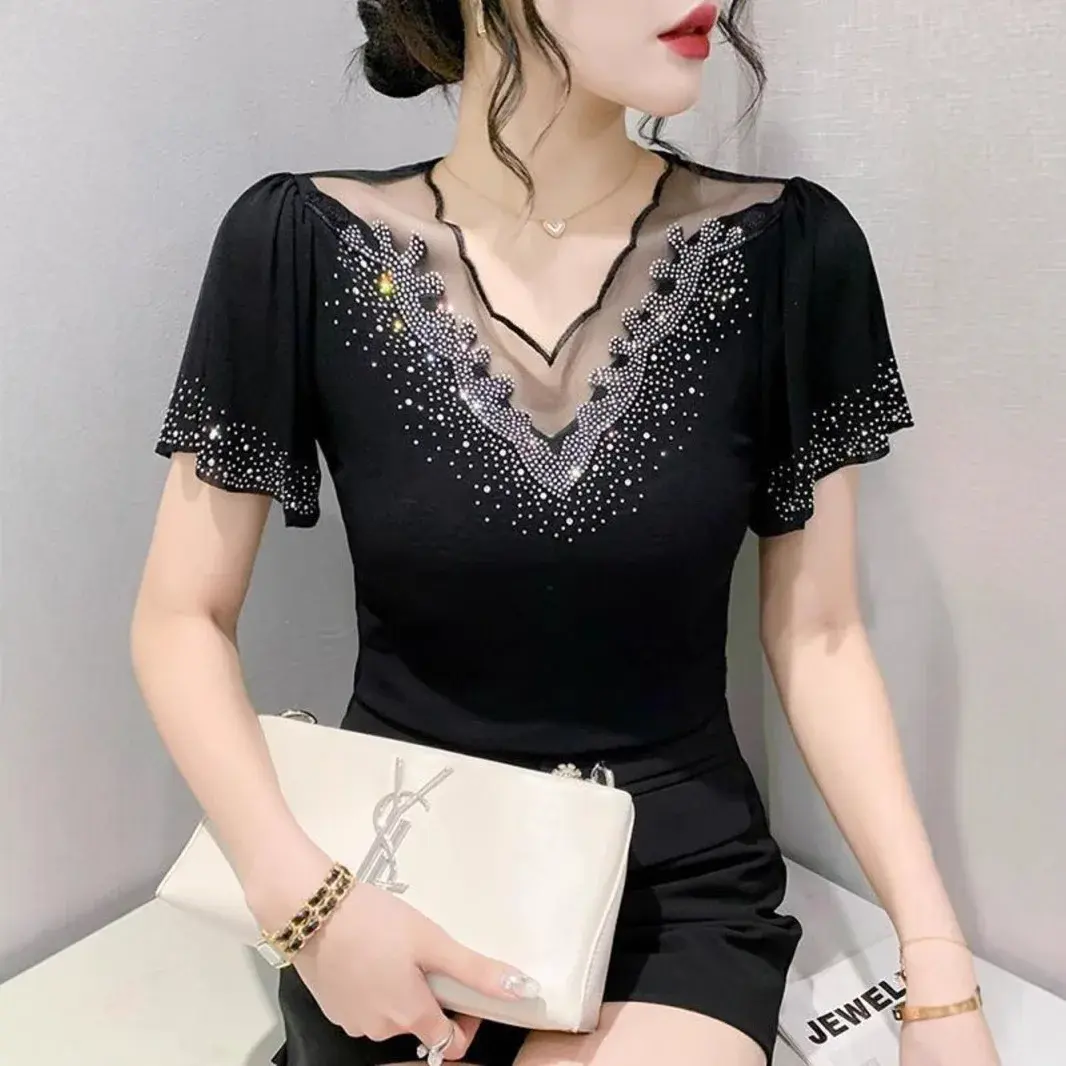 V-Neck Mesh T-Shirt Women Short Sleeve Slim Fit Heavy Embroidery Fashionable Top Trendy Small Batch Design European Style