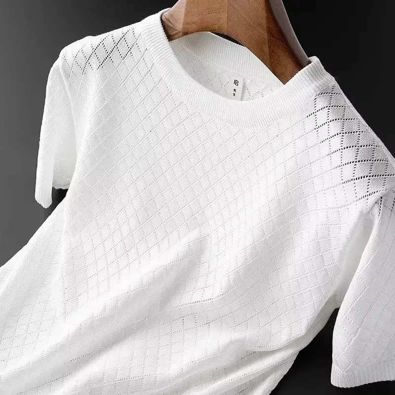 Men's Ice Silk Hollow V-neck T-shirt Top Summer Cool Thin Style Chicken Heart Short Sleeves Knitted Top