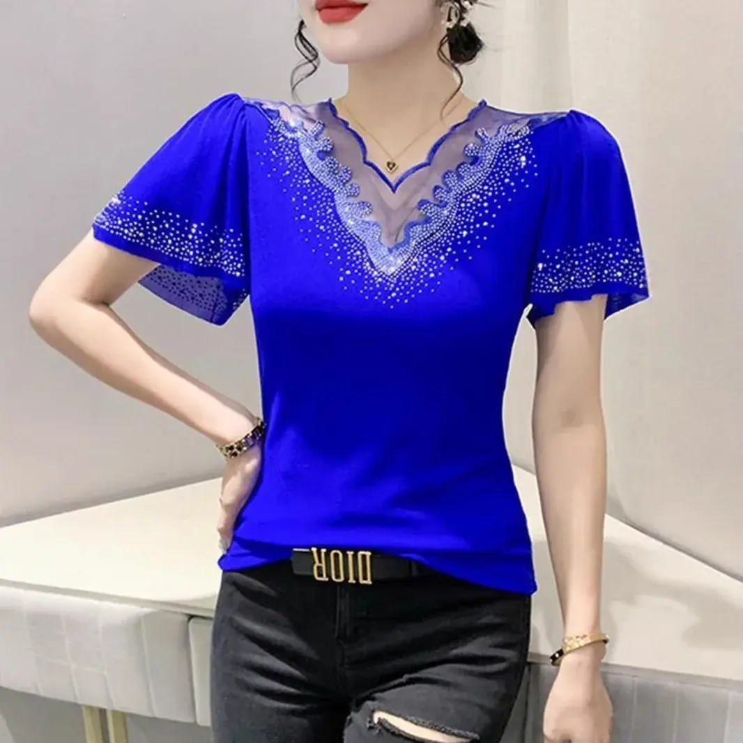 V-Neck Mesh T-Shirt Women Short Sleeve Slim Fit Heavy Embroidery Fashionable Top Trendy Small Batch Design European Style