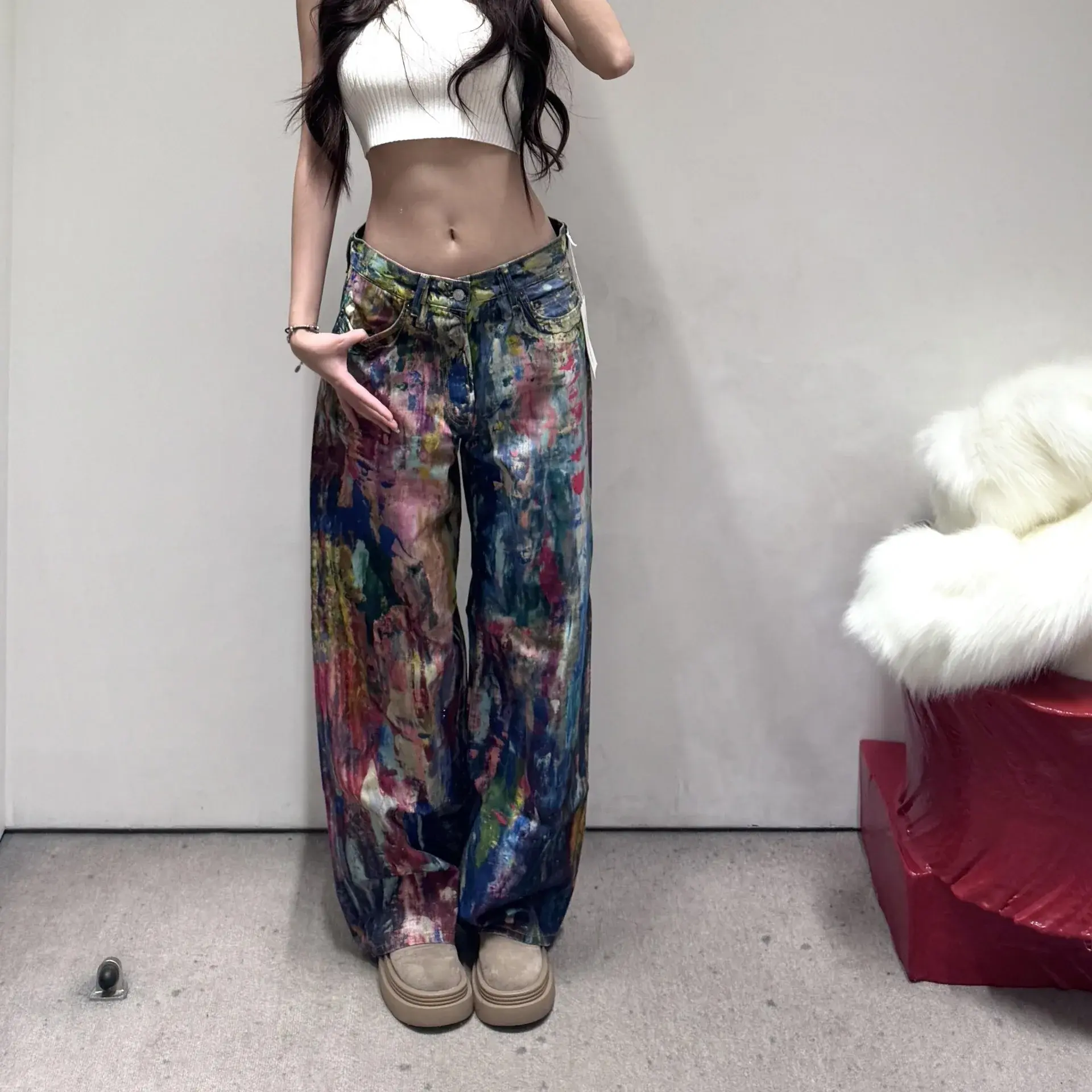 High Quality Nordic Small Audience Spring Summer New Style 3D Color Splashed Ink Palette Wide Leg Jeans Colorful Mid Waist