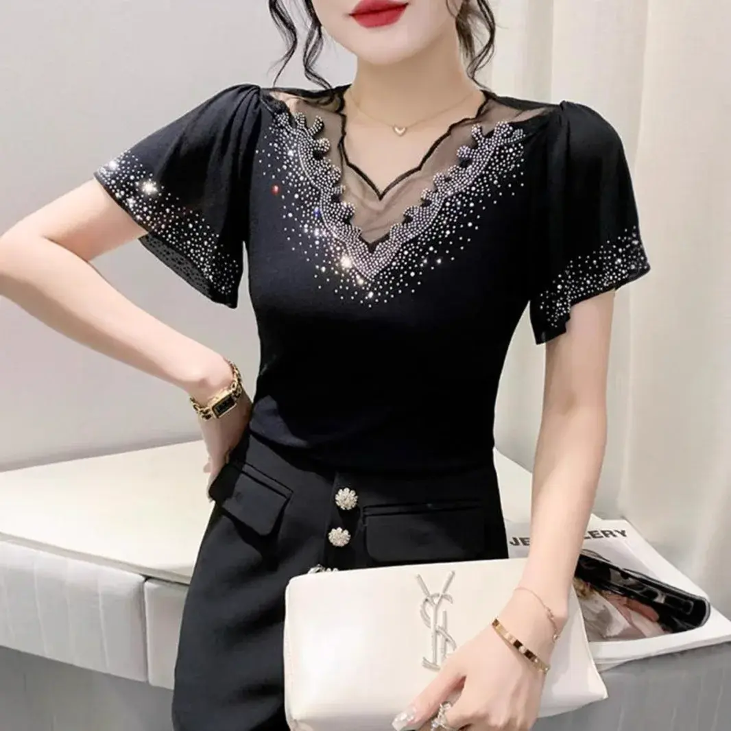 V-Neck Mesh T-Shirt Women Short Sleeve Slim Fit Heavy Embroidery Fashionable Top Trendy Small Batch Design European Style