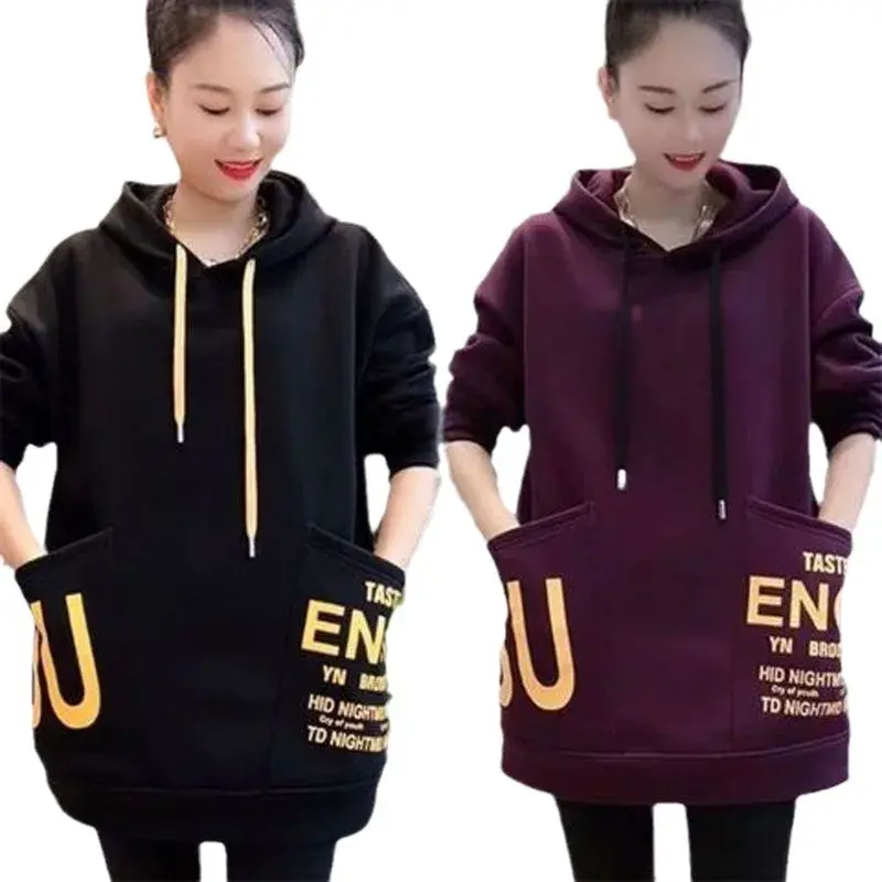 Thickened Fleece-Lined Hooded Medium-Length Base Layer Top Women's Winter Korean-Style Casual Jacket With Large Pocket