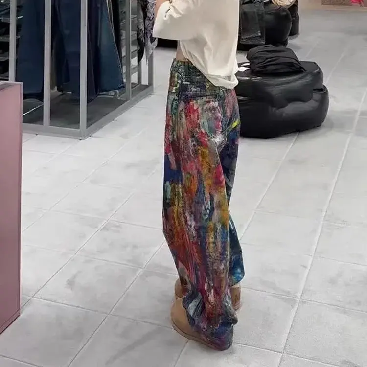 High Quality Nordic Small Audience Spring Summer New Style 3D Color Splashed Ink Palette Wide Leg Jeans Colorful Mid Waist