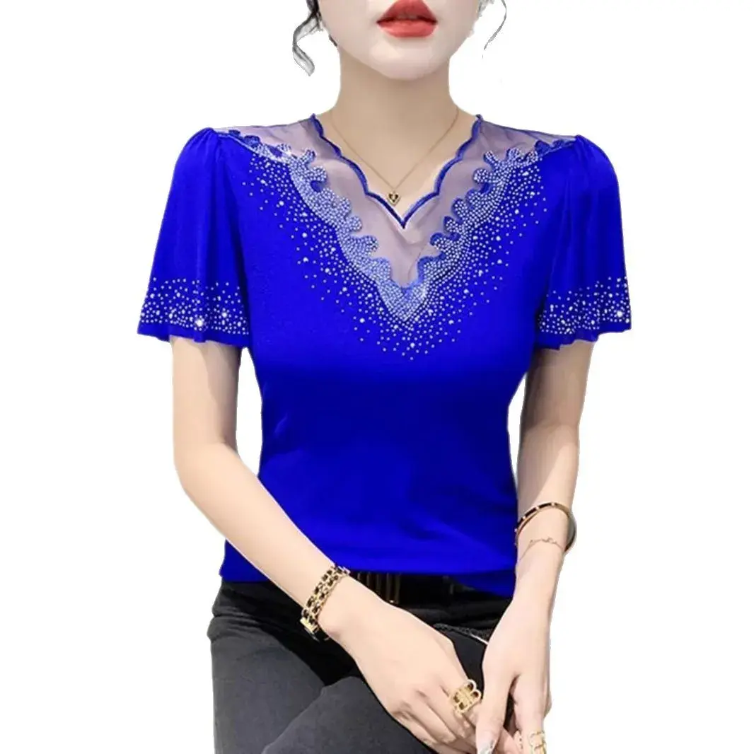V-Neck Mesh T-Shirt Women Short Sleeve Slim Fit Heavy Embroidery Fashionable Top Trendy Small Batch Design European Style
