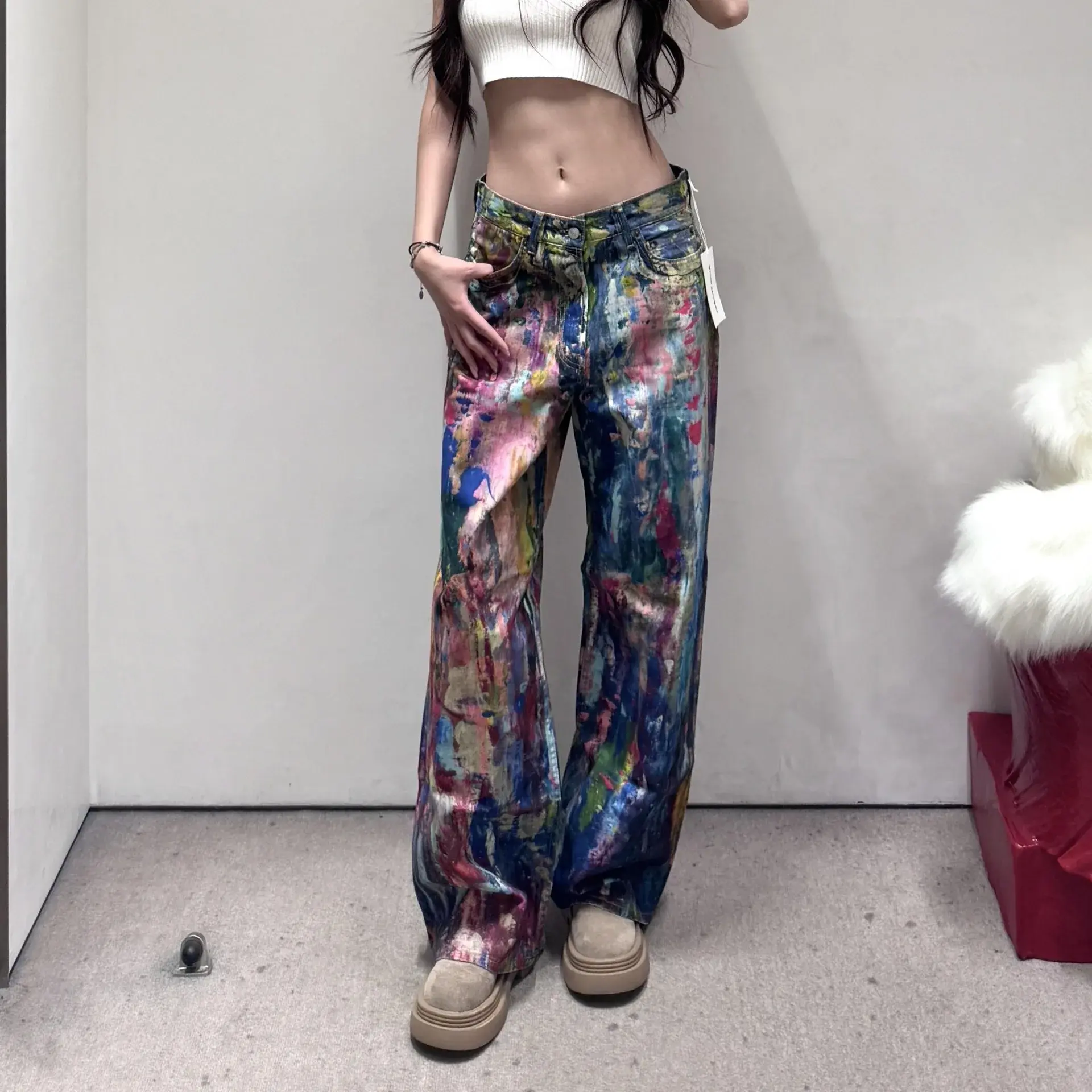 High Quality Nordic Small Audience Spring Summer New Style 3D Color Splashed Ink Palette Wide Leg Jeans Colorful Mid Waist