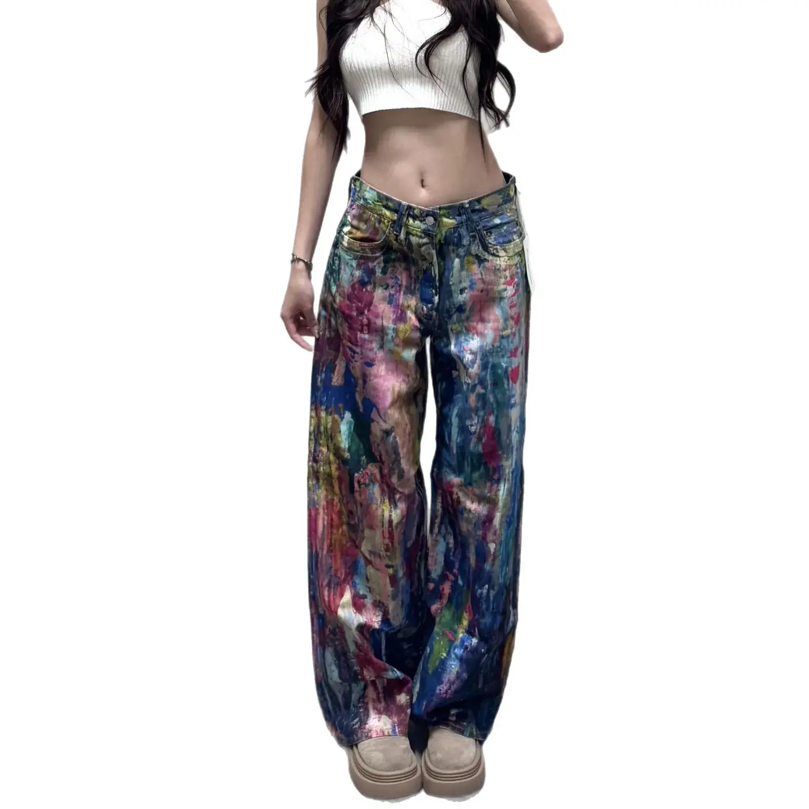 High Quality Nordic Small Audience Spring Summer New Style 3D Color Splashed Ink Palette Wide Leg Jeans Colorful Mid Waist