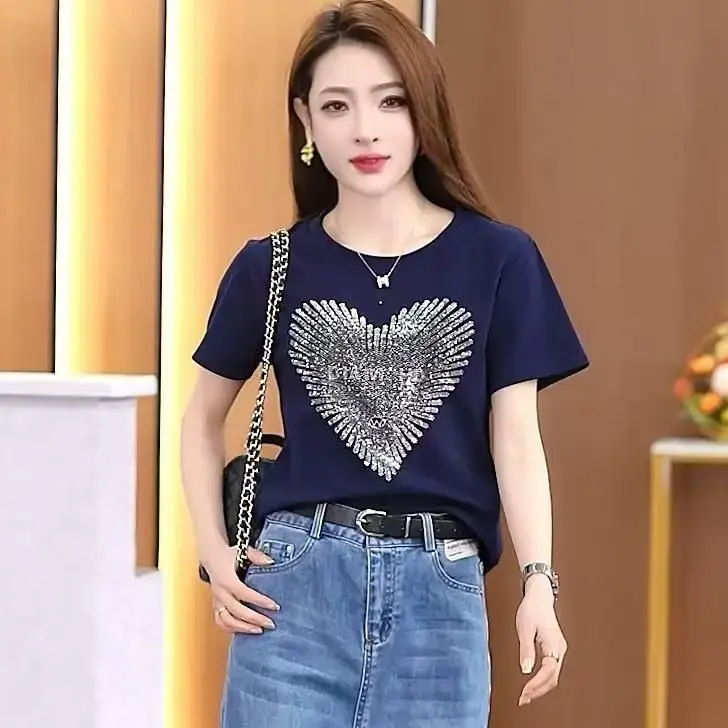Slim Fit Short Sleeve Crew Neck T-Shirt Women's Summer New Design Diamond Decorated Versatile round Shoulder Top Polyester Fiber