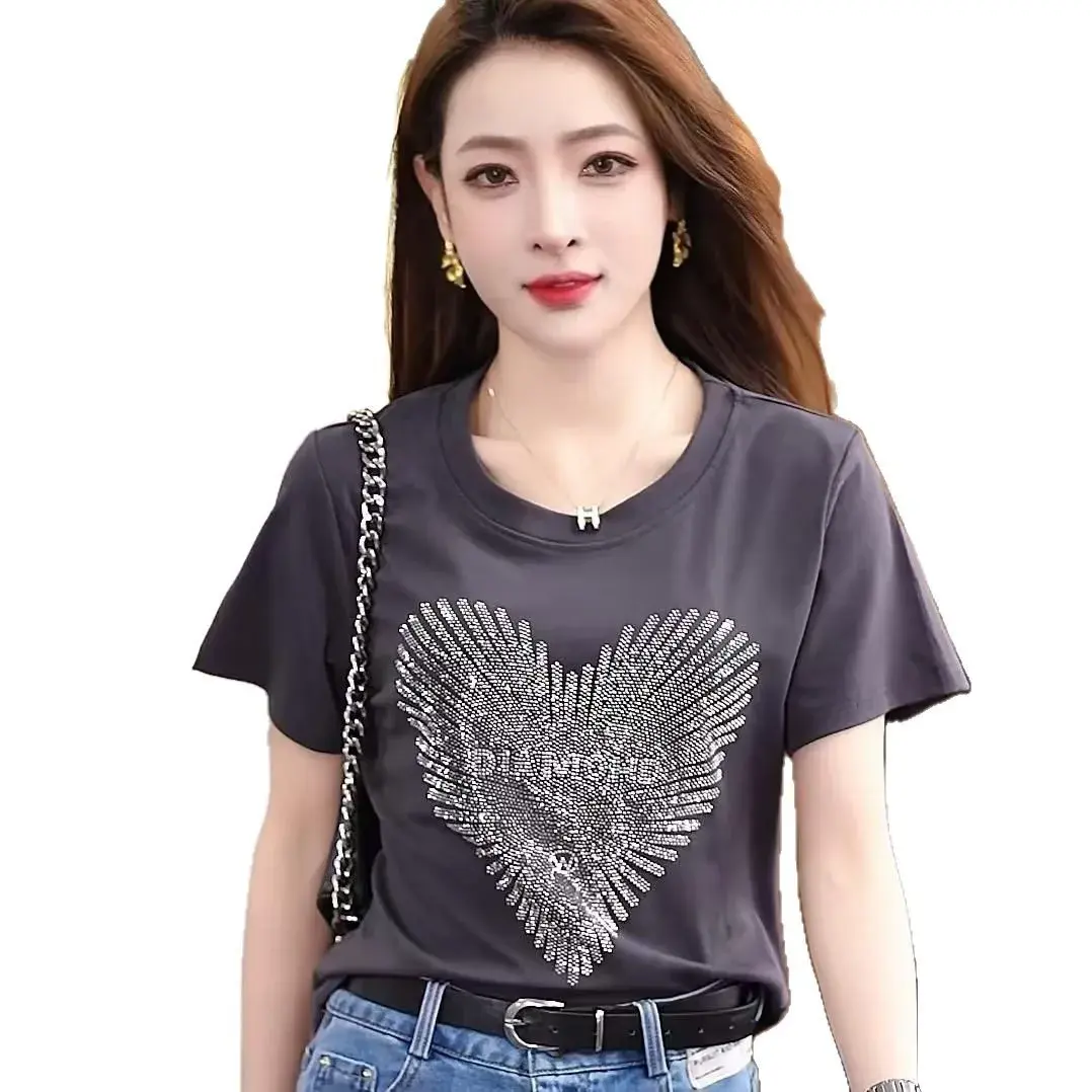 Slim Fit Short Sleeve Crew Neck T-Shirt Women's Summer New Design Diamond Decorated Versatile round Shoulder Top Polyester Fiber
